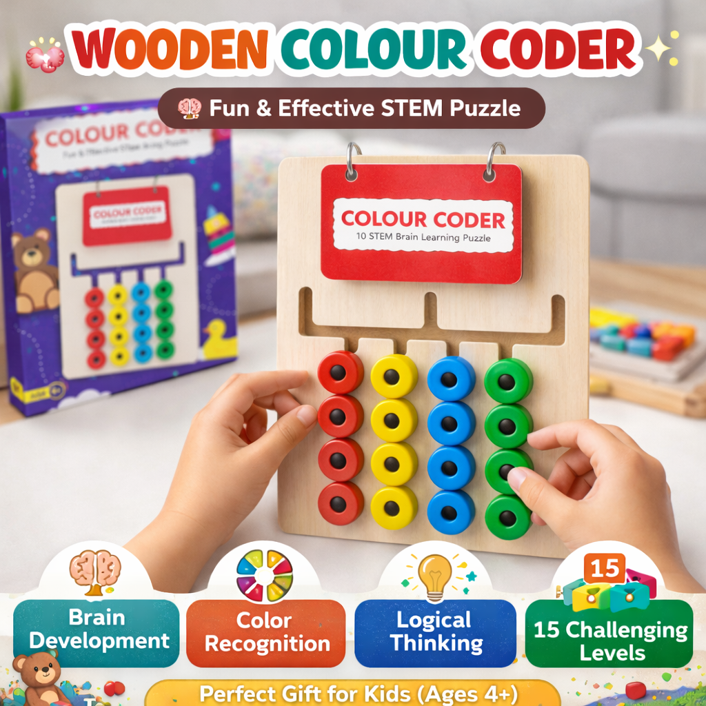 Wooden Colour Coder Puzzle Toy for Kids | STEM Brain Development Game | Color Matching, Logical Thinking & Hand-Eye Coordination | 15 Challenge Cards | Age 2+