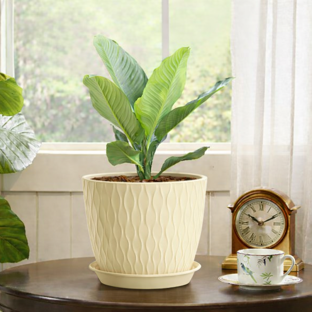 “7 Inch Plastic Flower Pots with Drainage Tray – Modern Unique Design Planters for Indoor & Outdoor Plants Durable & Lightweight