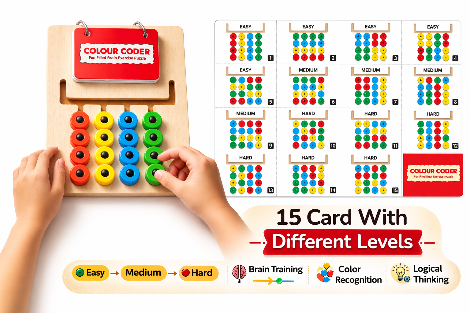 Wooden Colour Coder Puzzle Toy for Kids | STEM Brain Development Game | Color Matching, Logical Thinking & Hand-Eye Coordination | 15 Challenge Cards | Age 2+