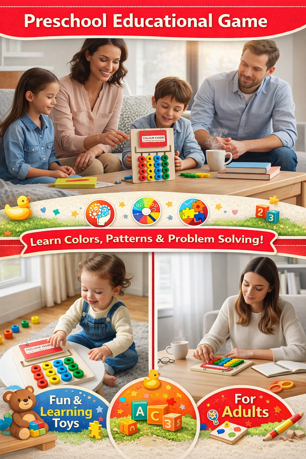 Wooden Colour Coder Puzzle Toy for Kids | STEM Brain Development Game | Color Matching, Logical Thinking & Hand-Eye Coordination | 15 Challenge Cards | Age 2+