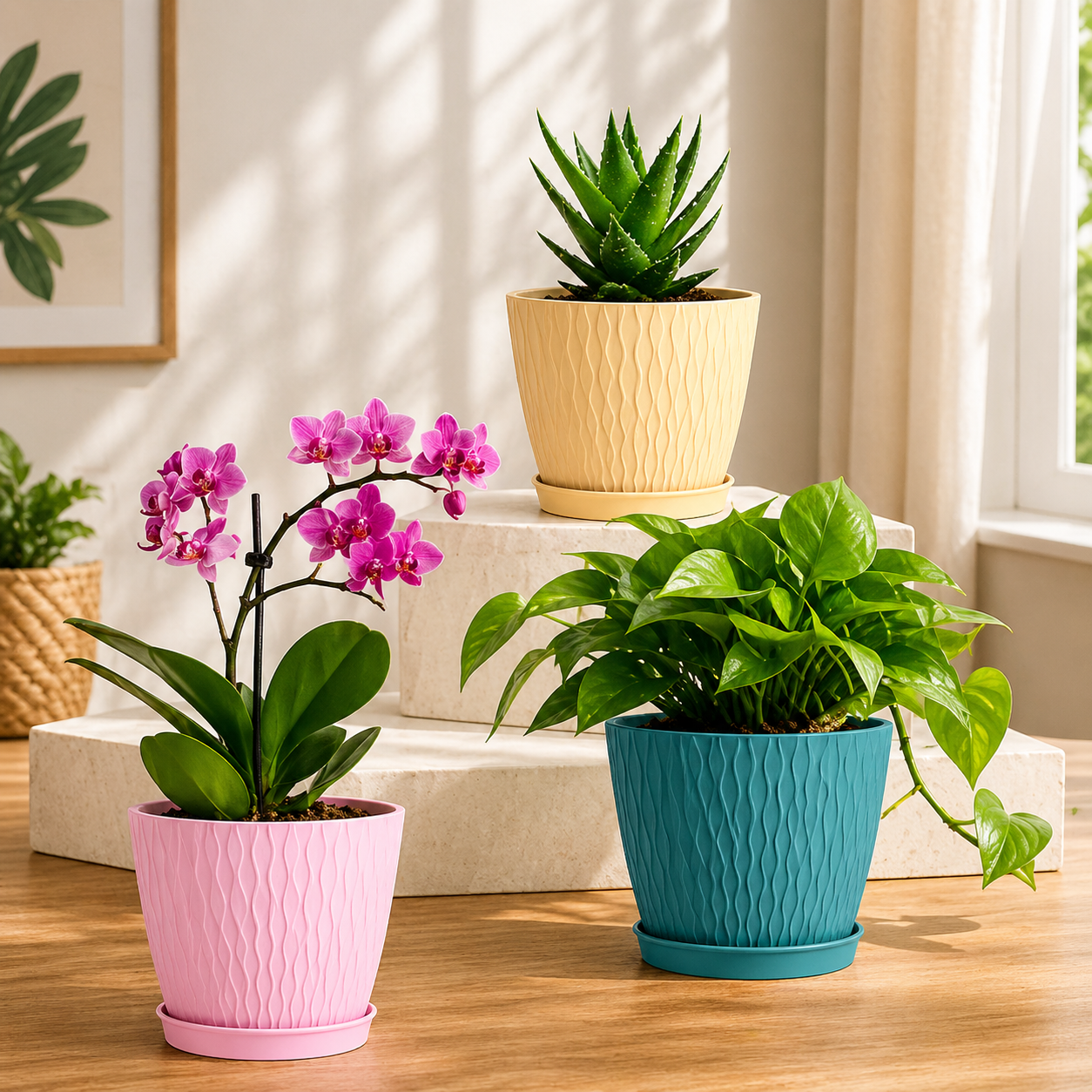 “7 Inch Plastic Flower Pots with Drainage Tray – Modern Unique Design Planters for Indoor & Outdoor Plants Durable & Lightweight