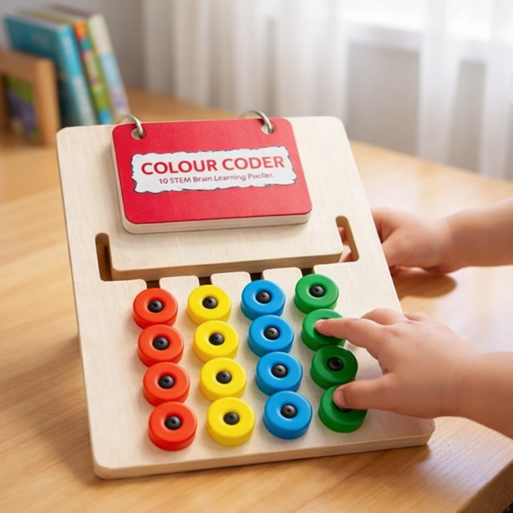 Wooden Colour Coder Puzzle Toy for Kids | STEM Brain Development Game | Color Matching, Logical Thinking & Hand-Eye Coordination | 15 Challenge Cards | Age 2+
