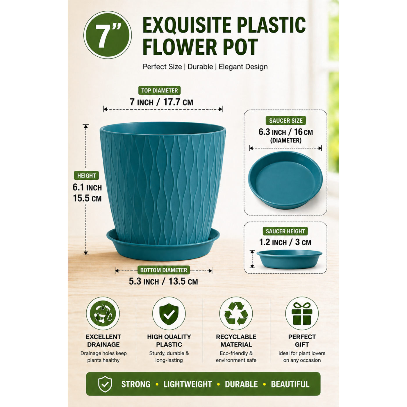 “7 Inch Plastic Flower Pots with Drainage Tray – Modern Unique Design Planters for Indoor & Outdoor Plants Durable & Lightweight