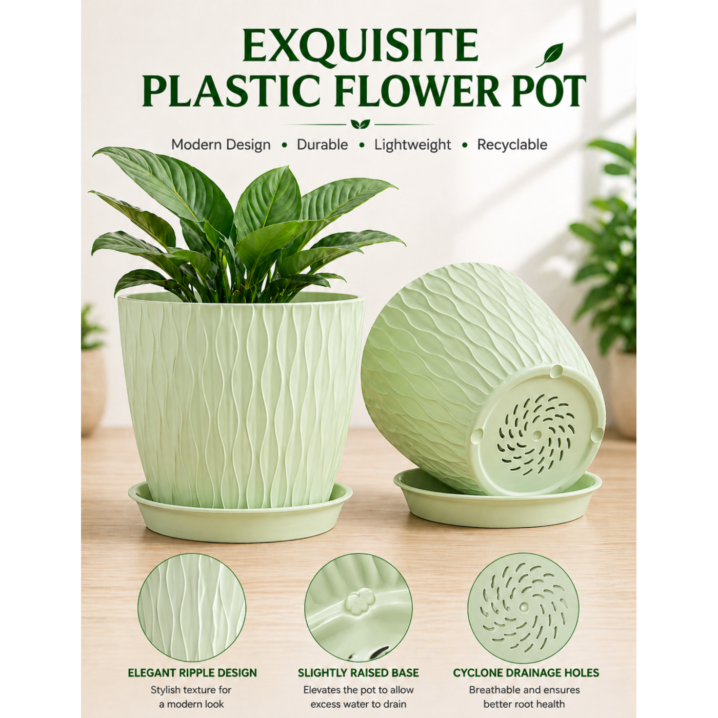 “7 Inch Plastic Flower Pots with Drainage Tray – Modern Unique Design Planters for Indoor & Outdoor Plants Durable & Lightweight