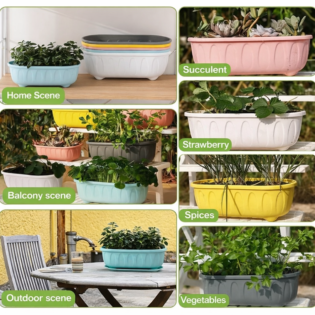 14 Inch Long Planter Pots (Pack of 5) with Drainage Tray | Premium Oval Balcony Planters | Durable Plastic for Indoor & Outdoor Gardening