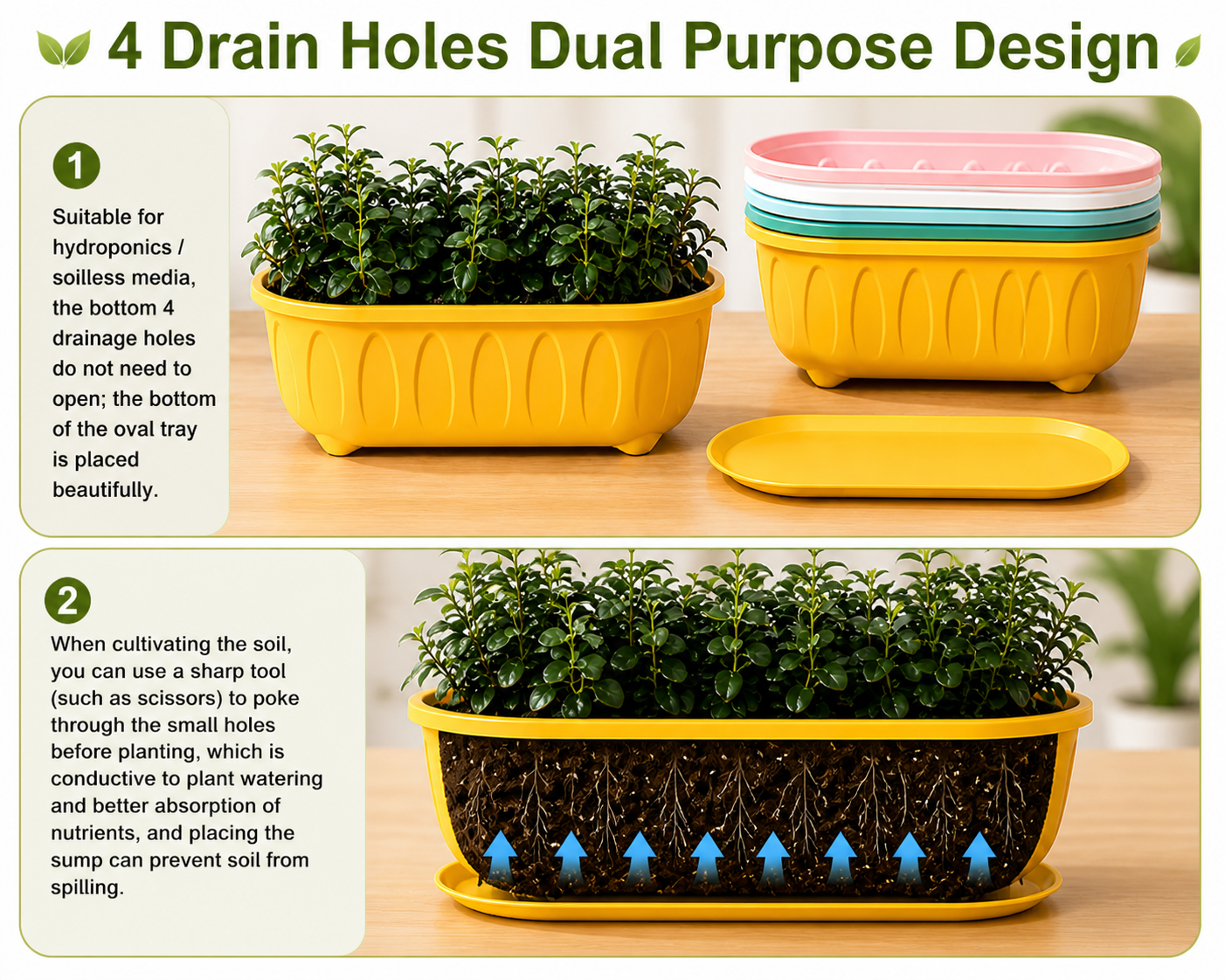 14 Inch Long Planter Pots (Pack of 5) with Drainage Tray | Premium Oval Balcony Planters | Durable Plastic for Indoor & Outdoor Gardening