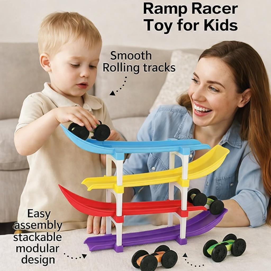 Kids Ramp Racer Toy with Ramp Track, Stands & Cars| Multi-Level Zig-Zag Track | Educational Gravity Racing Game | DIY Assembly Car Track Toy for Toddlers & Kids
