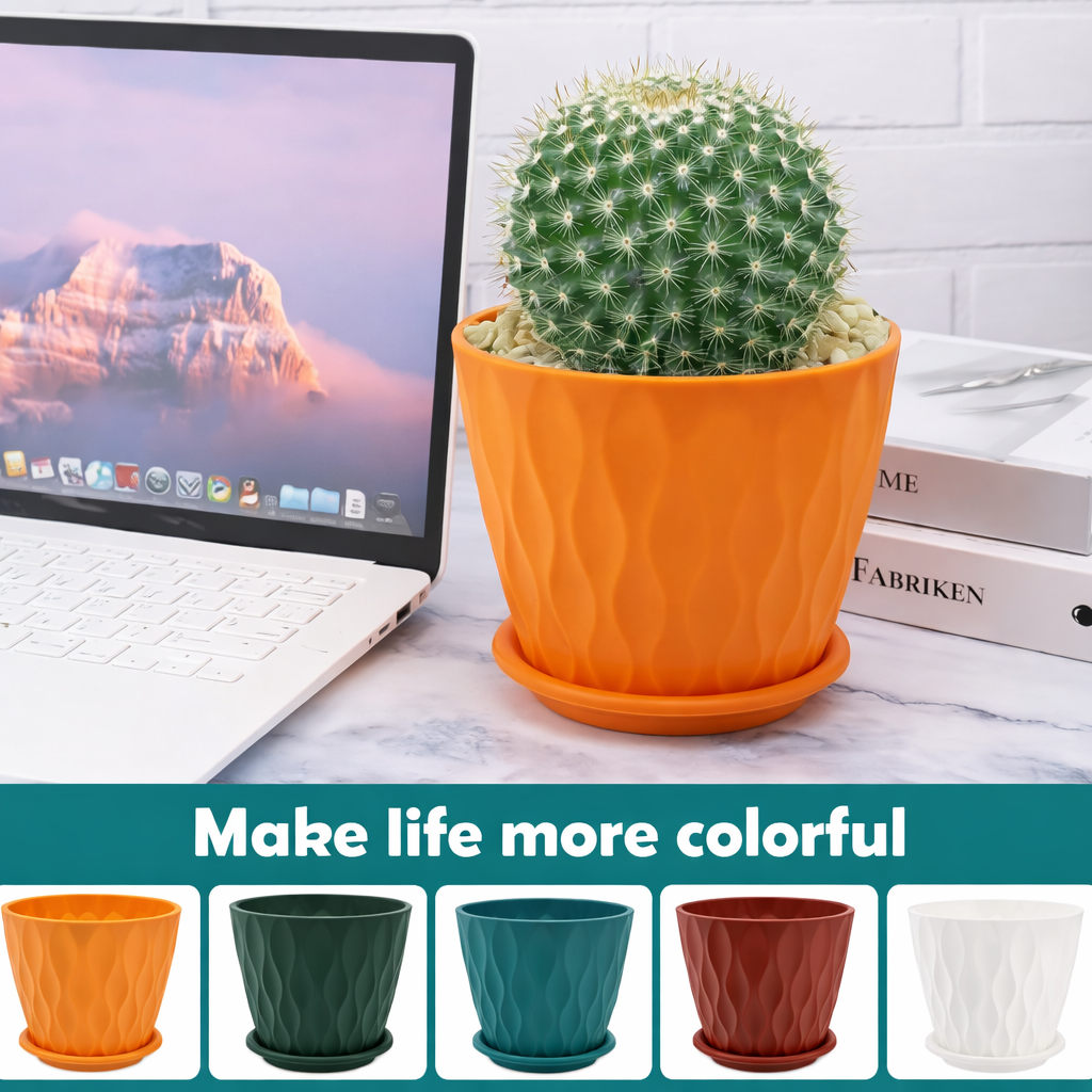Premium 6 Inch Wave Texture Plastic Planter Pots Set of 5 with Drainage Tray – Decorative Indoor Outdoor Flower Pots for Home, Garden, Office Décor