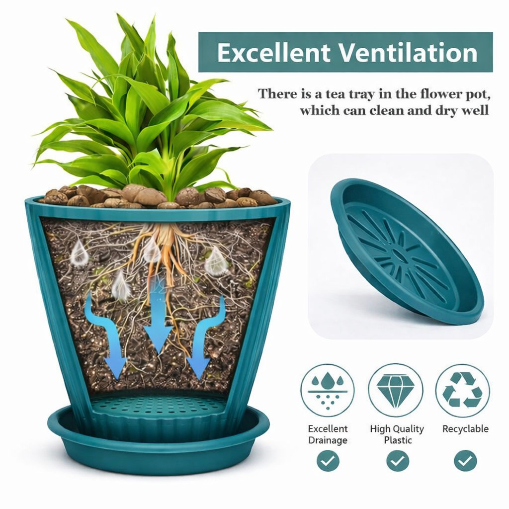 Premium 6 Inch Wave Texture Plastic Planter Pots Set of 5 with Drainage Tray – Decorative Indoor Outdoor Flower Pots for Home, Garden, Office Décor