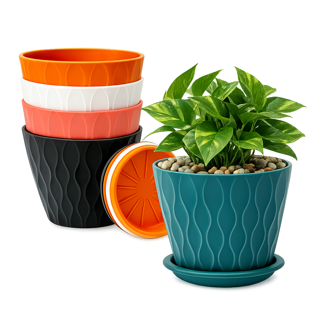 Premium 6 Inch Wave Texture Plastic Planter Pots Set of 5 with Drainage Tray – Decorative Indoor Outdoor Flower Pots for Home, Garden, Office Décor