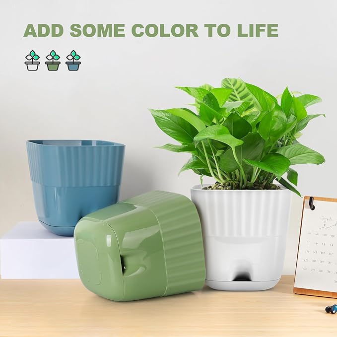 Premium 6 Inch Self-Watering Square Planter Pots (Pack of 5) with Drainage Tray | Modern Indoor Outdoor Plant Pots
