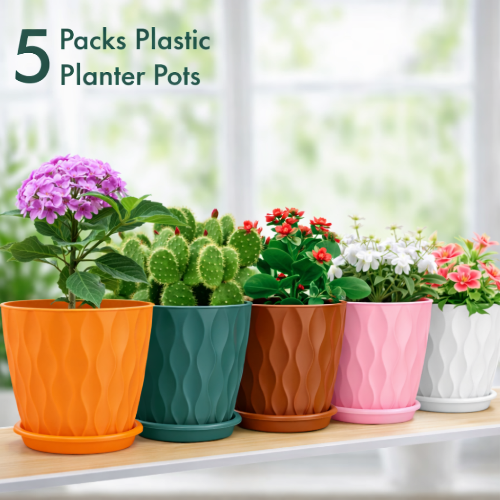 Premium 6 Inch Wave Texture Plastic Planter Pots Set of 5 with Drainage Tray – Decorative Indoor Outdoor Flower Pots for Home, Garden, Office Décor