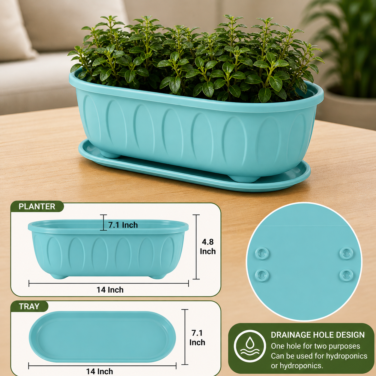 14 Inch Long Planter Pots (Pack of 5) with Drainage Tray | Premium Oval Balcony Planters | Durable Plastic for Indoor & Outdoor Gardening