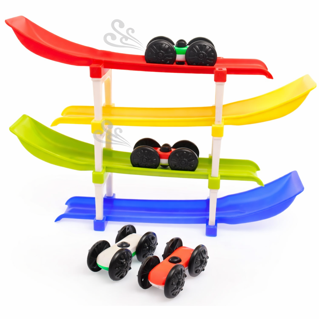 Kids Ramp Racer Toy with Ramp Track, Stands & Cars| Multi-Level Zig-Zag Track | Educational Gravity Racing Game | DIY Assembly Car Track Toy for Toddlers & Kids