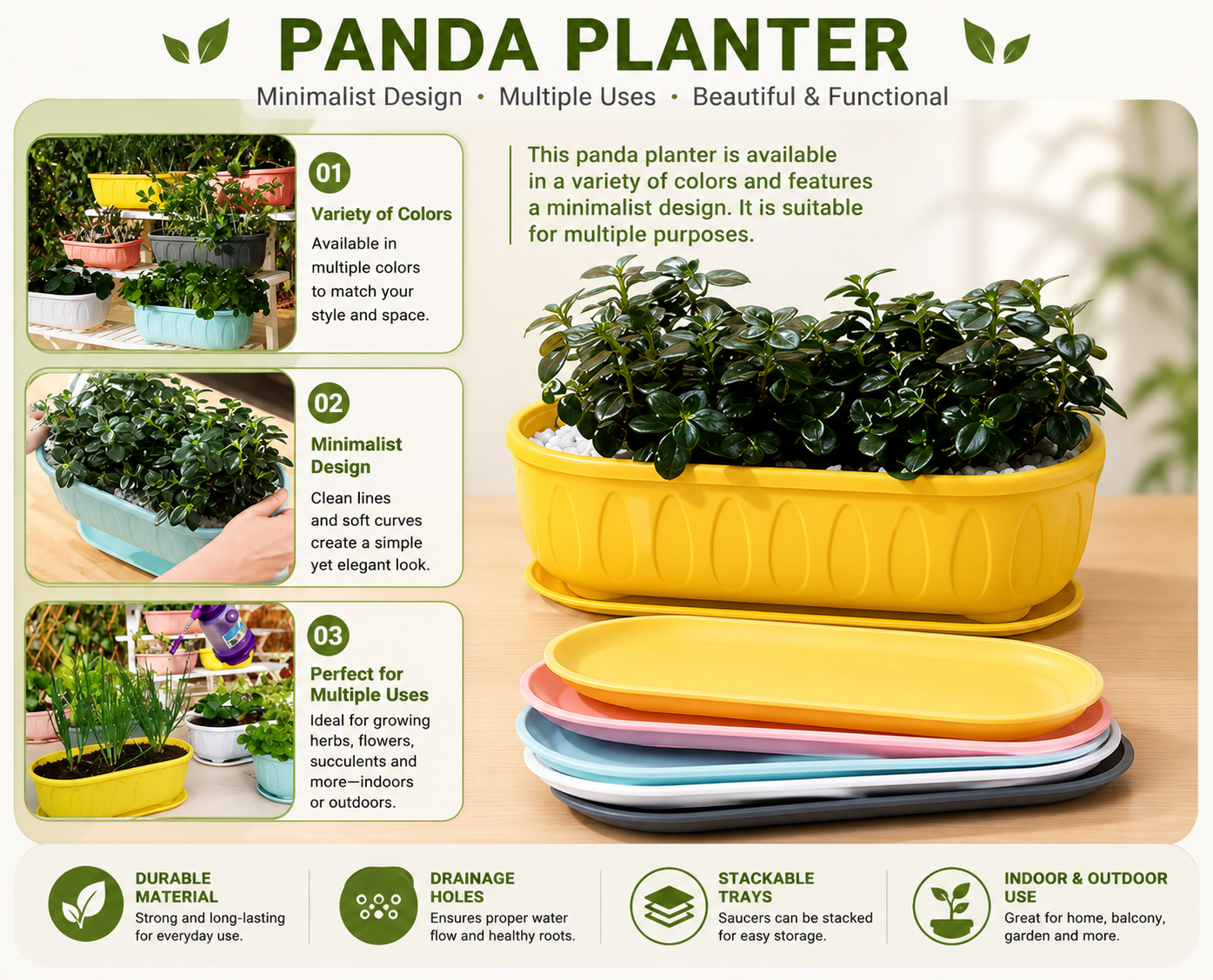 14 Inch Long Planter Pots (Pack of 5) with Drainage Tray | Premium Oval Balcony Planters | Durable Plastic for Indoor & Outdoor Gardening