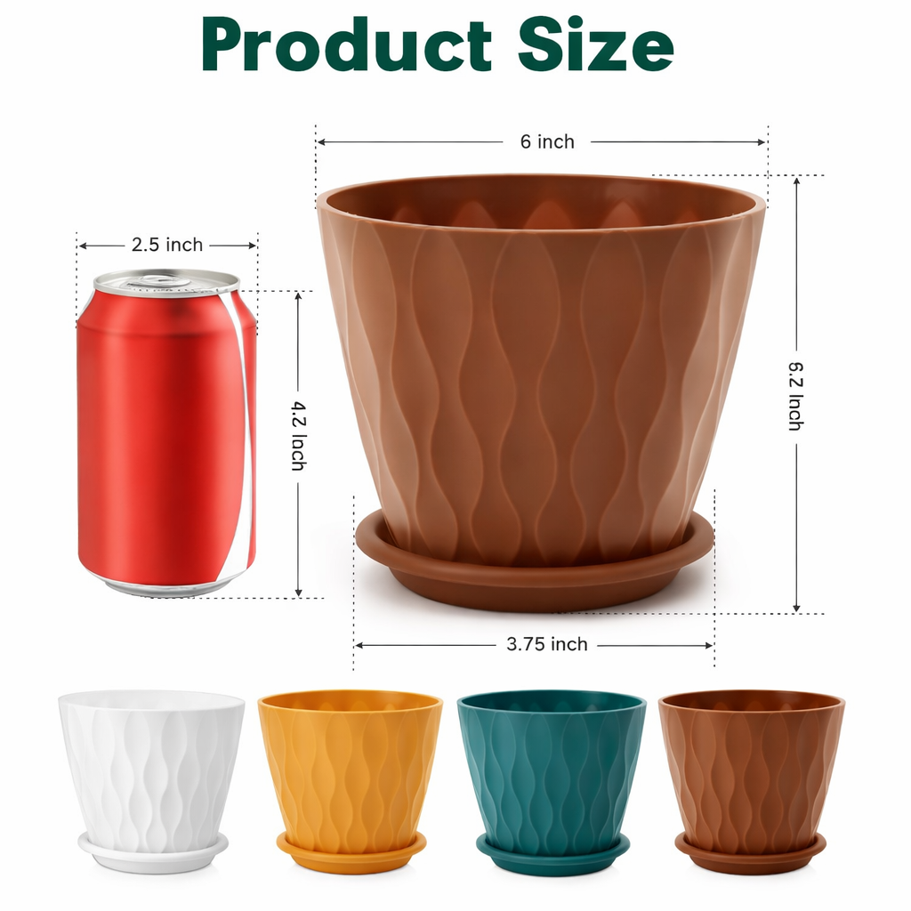 Premium 6 Inch Wave Texture Plastic Planter Pots Set of 5 with Drainage Tray – Decorative Indoor Outdoor Flower Pots for Home, Garden, Office Décor
