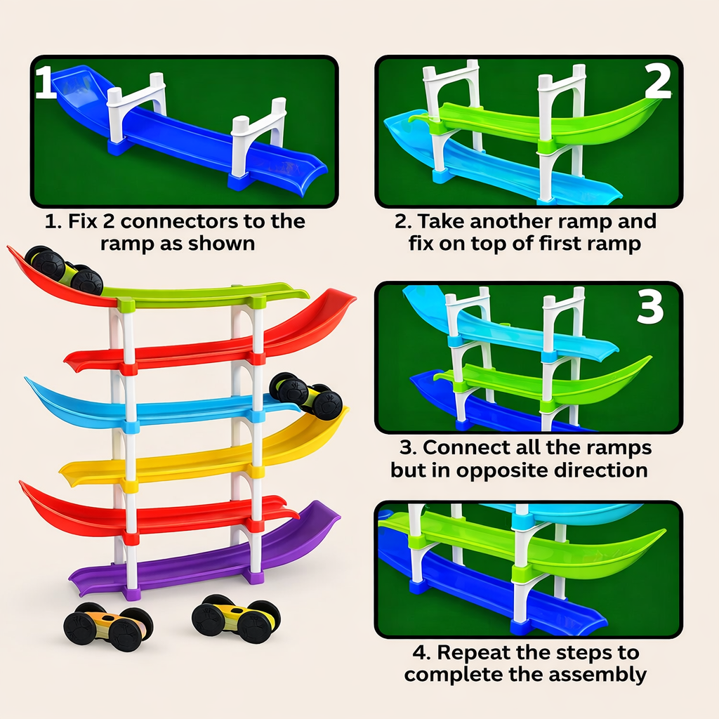 Kids Ramp Racer Toy with Ramp Track, Stands & Cars| Multi-Level Zig-Zag Track | Educational Gravity Racing Game | DIY Assembly Car Track Toy for Toddlers & Kids