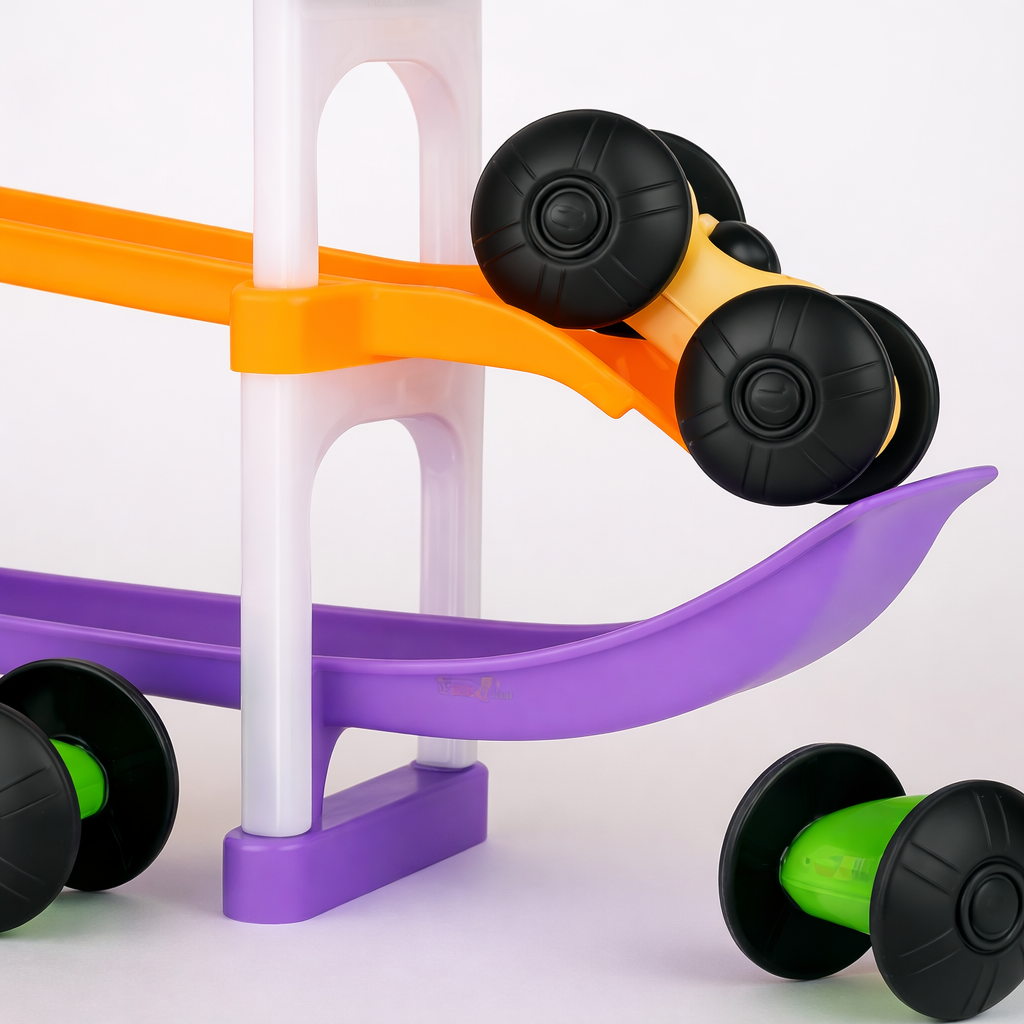 Kids Ramp Racer Toy with Ramp Track, Stands & Cars| Multi-Level Zig-Zag Track | Educational Gravity Racing Game | DIY Assembly Car Track Toy for Toddlers & Kids